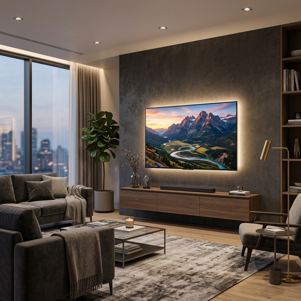 Modern luxury living room featuring ultra-thin 65-inch 4K Smart TV mounted on accent wall
